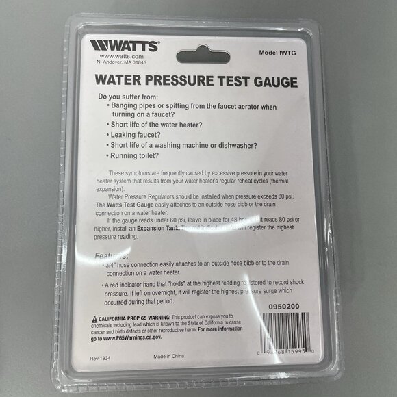 Watts Water Pressure Test Gauge Model IWTG 0950200 NEW - Picture 2 of 2